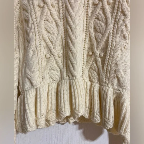 NWOT Zara Wool Blend Peplum Cable Knit Warm High Neck Cream Sweater Size Medium - Picture 9 of 13